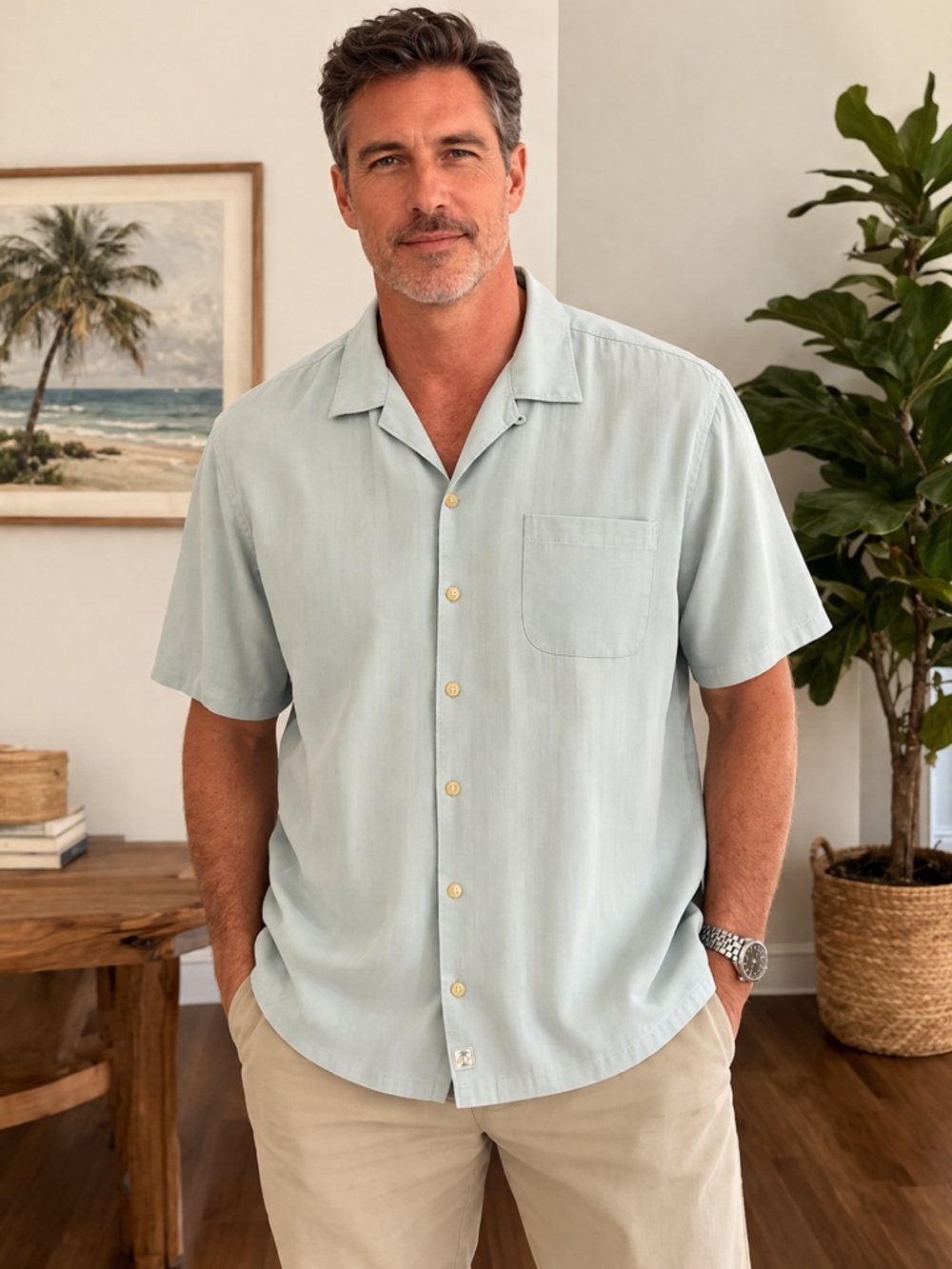 Tommy Bahama 100% Silk Camp Shirt Pale Blue Green Men’s Large Resort Casual